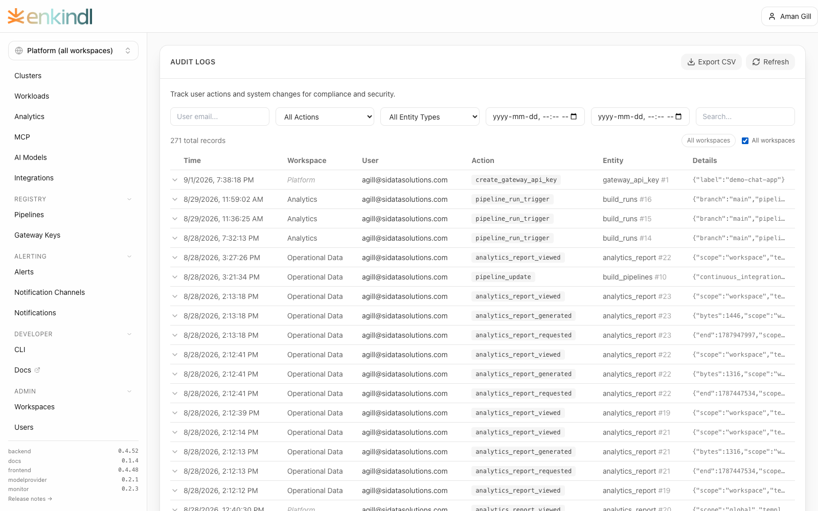 Audit record associated with Enkindlr operations