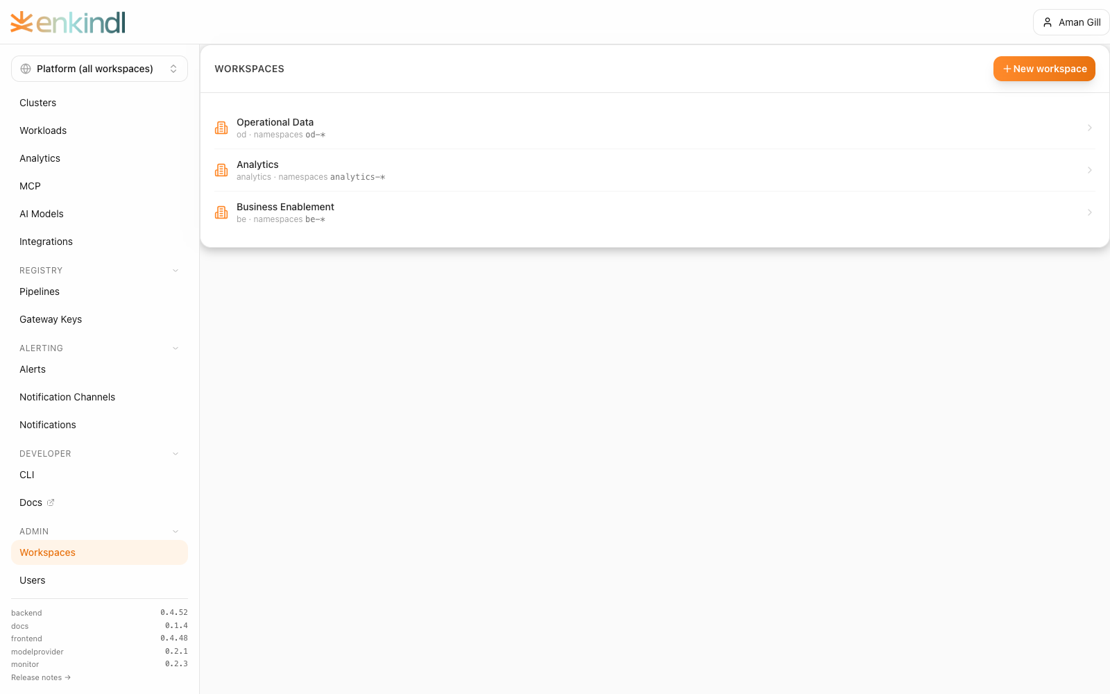 Enkindlr workspace list showing isolated team workspaces